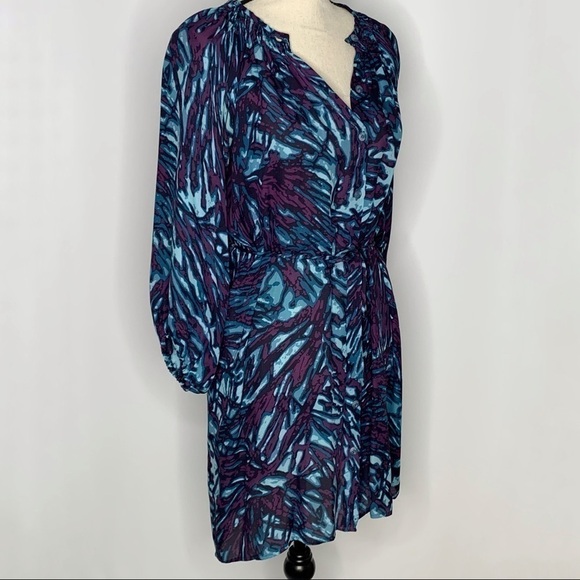 TUCKER Silk Mini Dress Purple Blue Frond Print Small - Picture 4 of 13